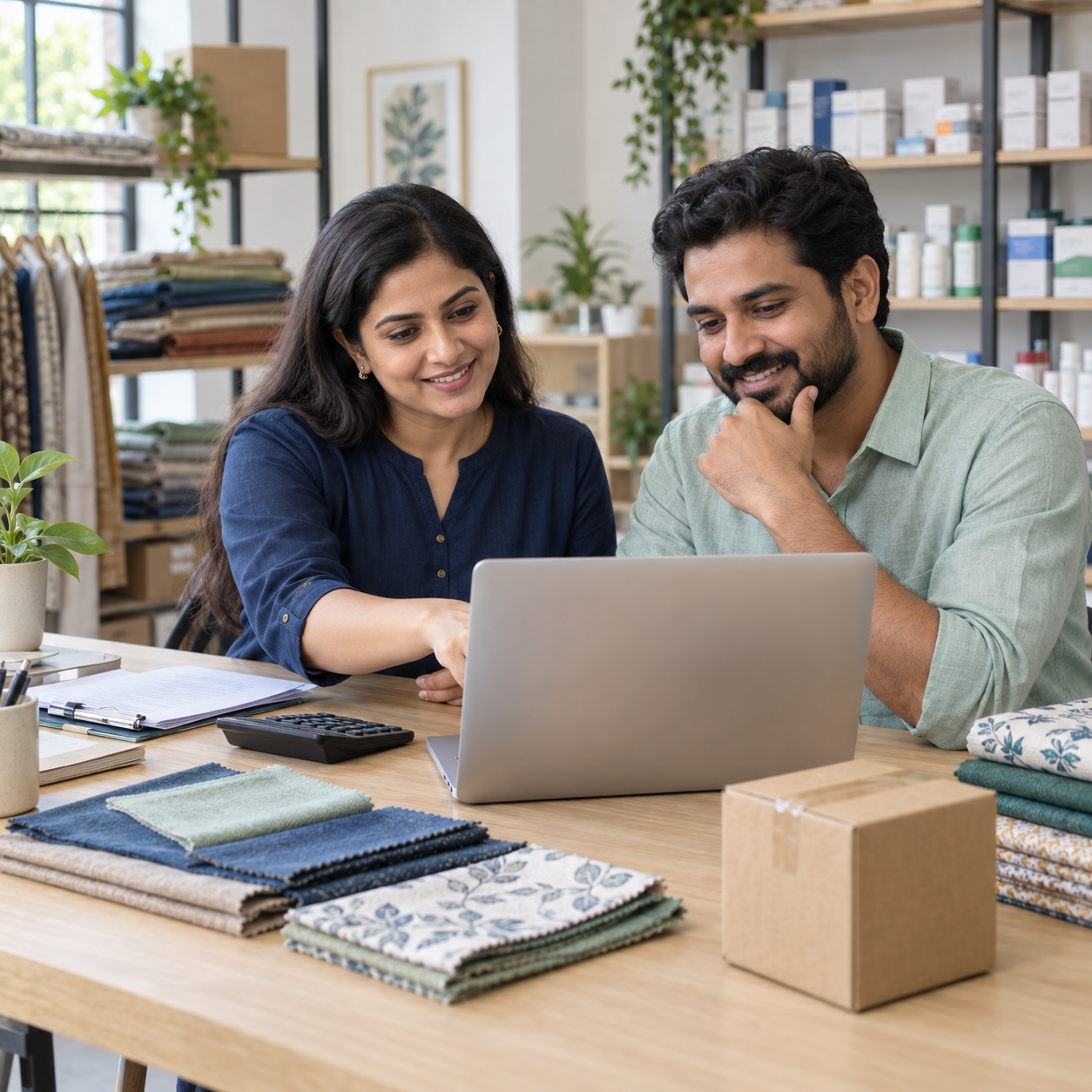 An accountant and business owner reviewing a laptop alongside textile samples and retail packages