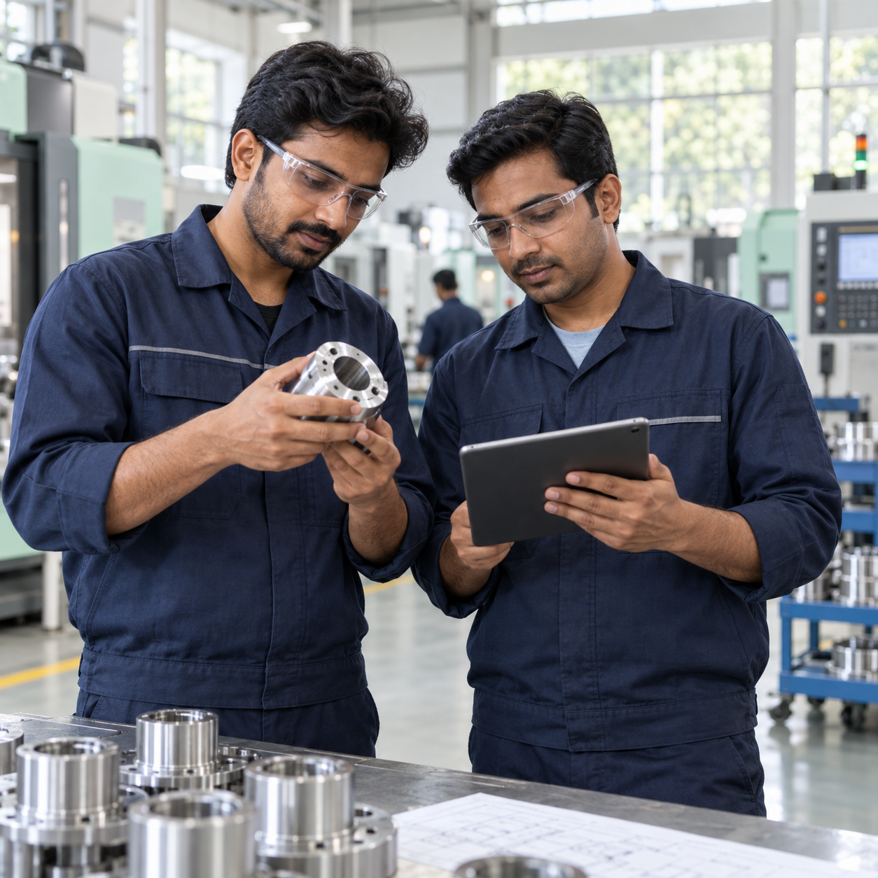 Manufacturing engineers inspecting a component on the factory floor