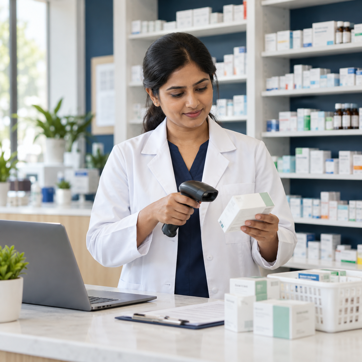 A pharmacist checking medicine inventory at a pharmacy counter