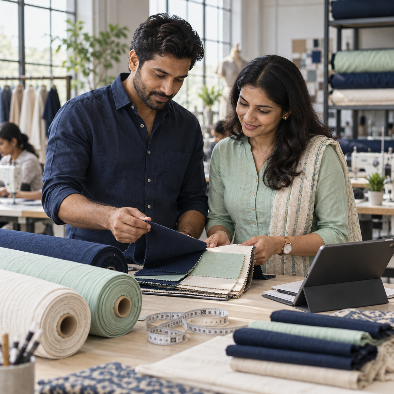 Textile professionals inspecting fabric samples in a workshop
